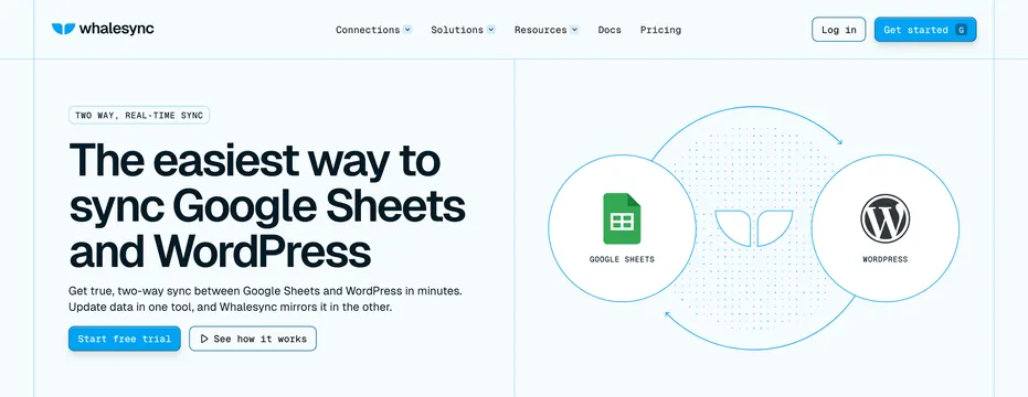 Whalesync Google Sheets WordPress sync hero, minimal, light-mode, light