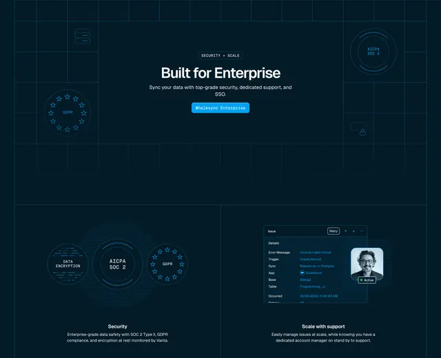Whalesync enterprise security and support bento, dark-mode, minimal, dark