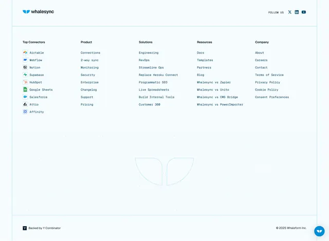 Whalesync Footer Section, light-mode, minimal, light