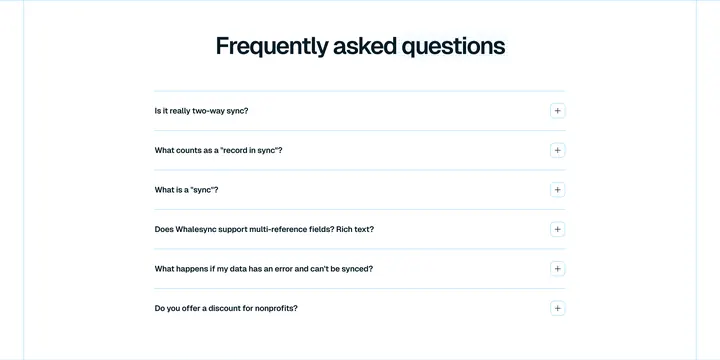 Whalesync minimalist FAQ accordion list, minimal, light-mode, light