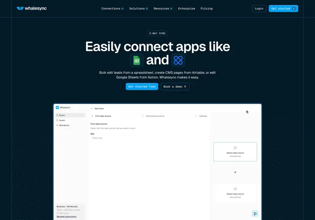Whalesync Hero Section, dark-mode, minimal, dark