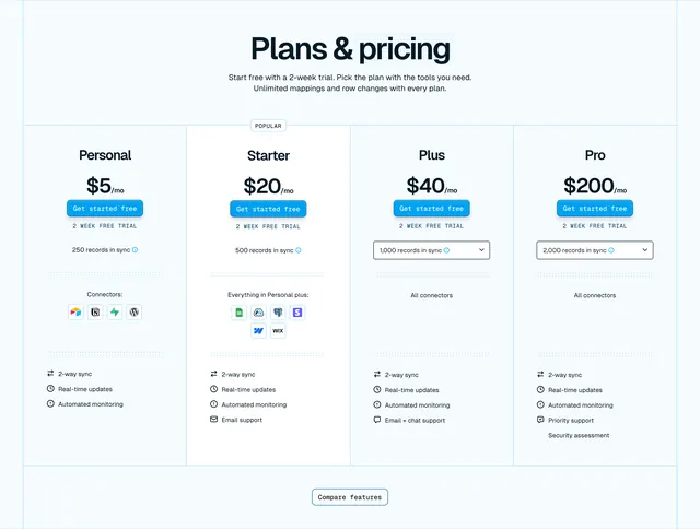 Whalesync four-tier pricing cards, minimal, light-mode, light