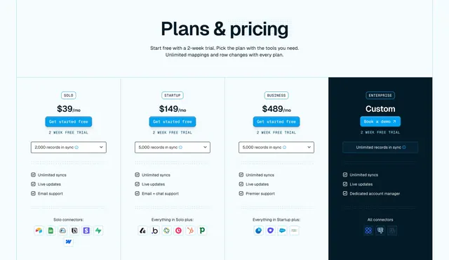 Whalesync Pricing Section, light-mode, minimal, light