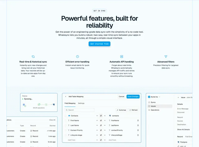 Whalesync product features with UI collage, minimal, light-mode, light
