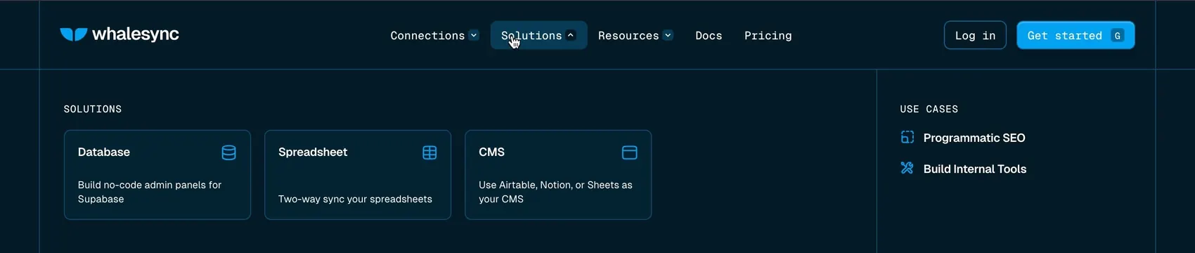 Whalesync Solutions mega-menu dropdown, dark-mode, minimal, dark