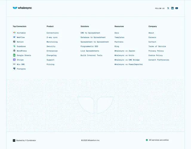 Whalesync technical footer with whale watermark, minimal, light-mode, light