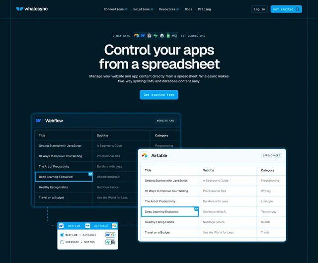 Whalesync hero with sync product demo, dark-mode, minimal, dark