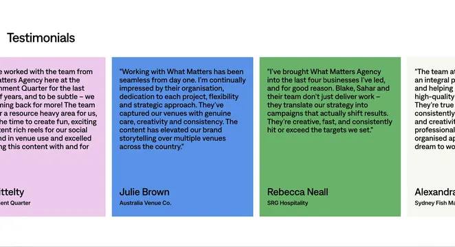 What Matters colorful testimonial cards, minimal, playful, light