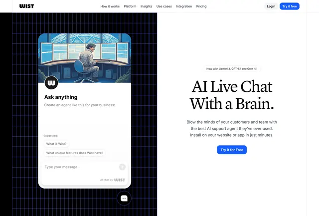 Wist AI live chat split hero, minimal, light-mode, light