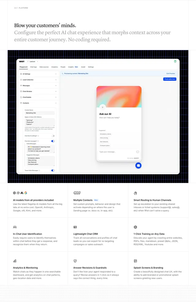 Wist platform dashboard and feature grid, minimal, light-mode, light
