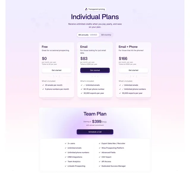 Wiza Pricing Section, light-mode, gradient-heavy, light