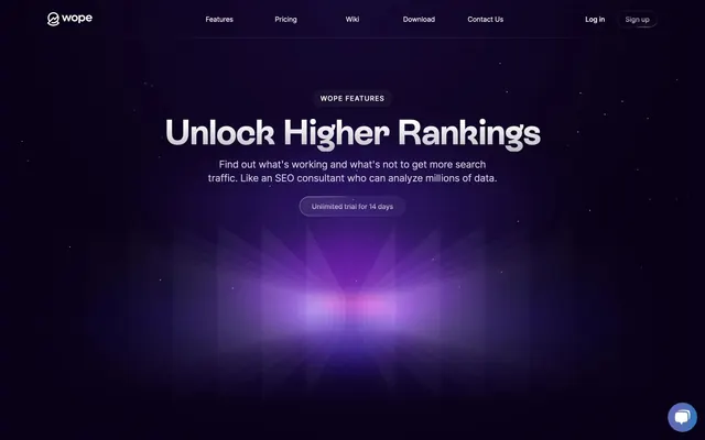 Wope features page hero, dark-mode, gradient-heavy, dark
