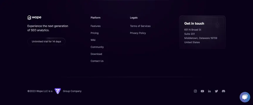 Wope marketing footer, dark-mode, minimal, dark
