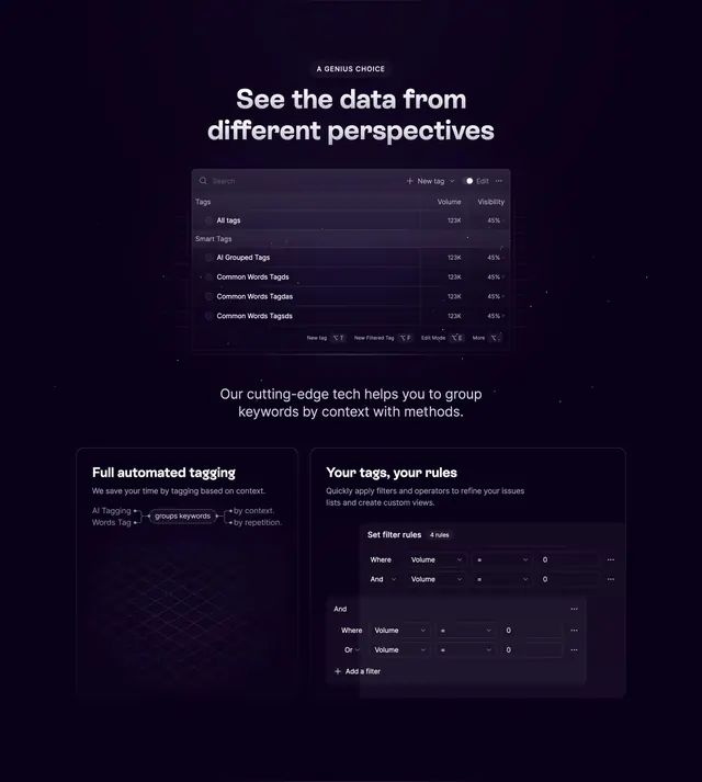Wope keyword grouping feature, dark-mode, minimal, dark