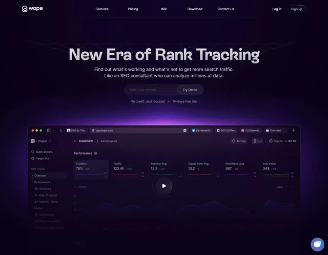 Wope home hero with dashboard, dark-mode, gradient-heavy, dark