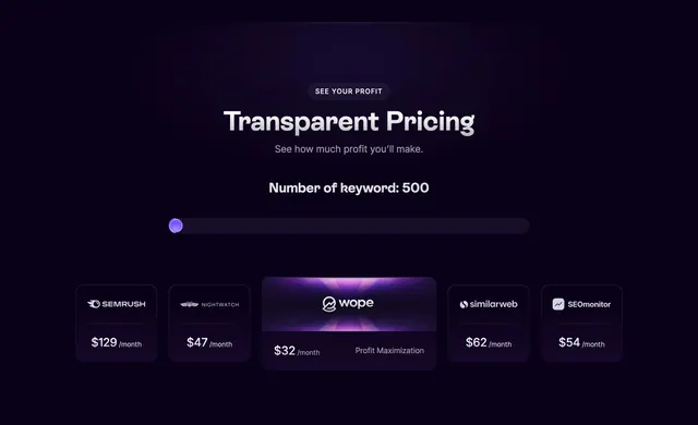 Wope competitor pricing comparison, dark-mode, gradient-heavy, dark