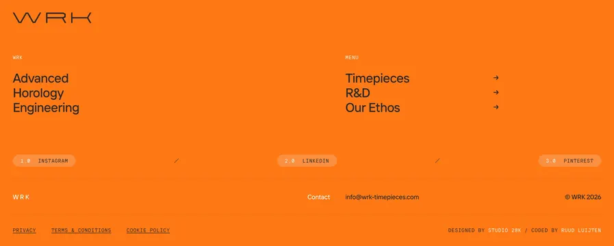 WRK brand navigation footer, minimal, light-mode, vibrant
