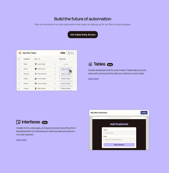 Zapier features page early access features, minimal, light-mode, light