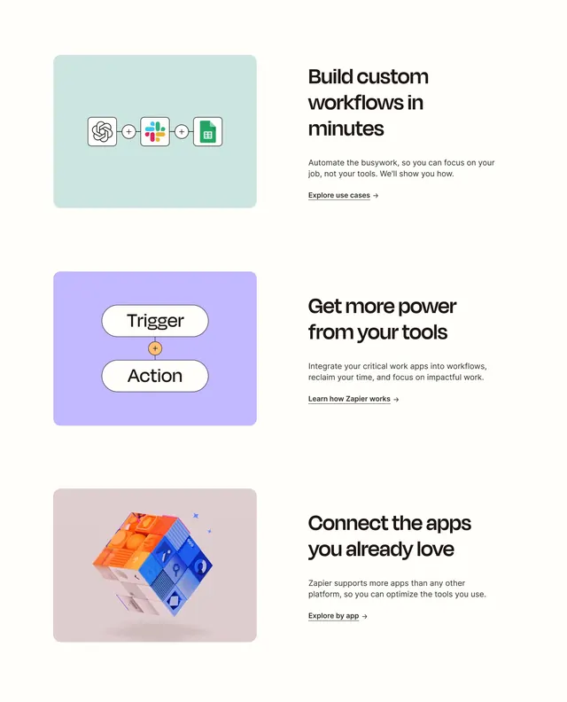 Zapier home page features, minimal, light-mode, light