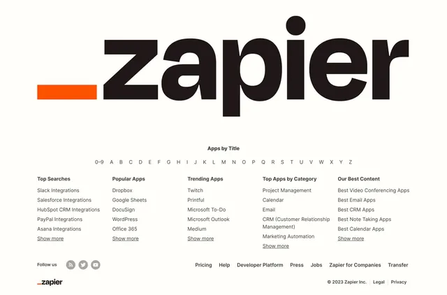 Zapier home page footer, minimal, corporate-clean, light