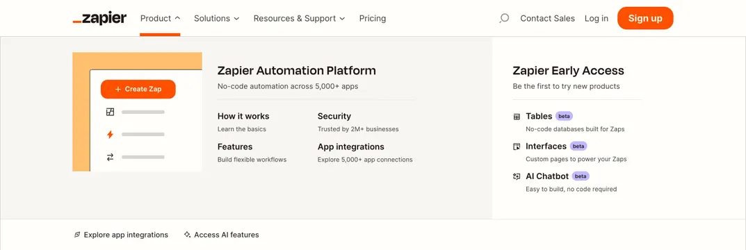 Zapier navbar products mega menu, minimal, light-mode, light