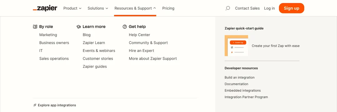 Zapier navbar resources mega menu, minimal, light-mode, light