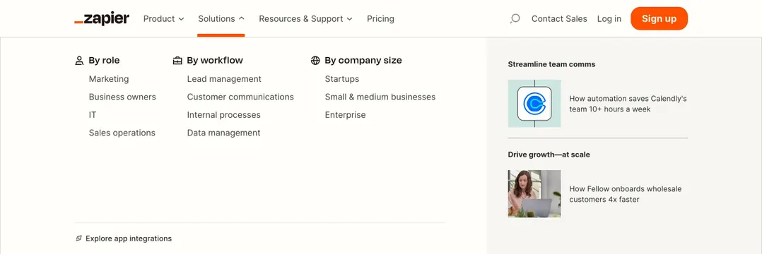 Zapier navbar solutions mega menu, minimal, light-mode, light
