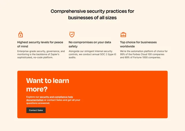Zapier pricing page security CTA, minimal, light-mode, light
