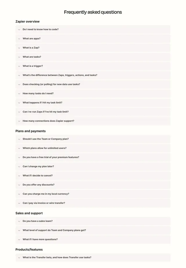 Zapier pricing page FAQ, minimal, light-mode, light