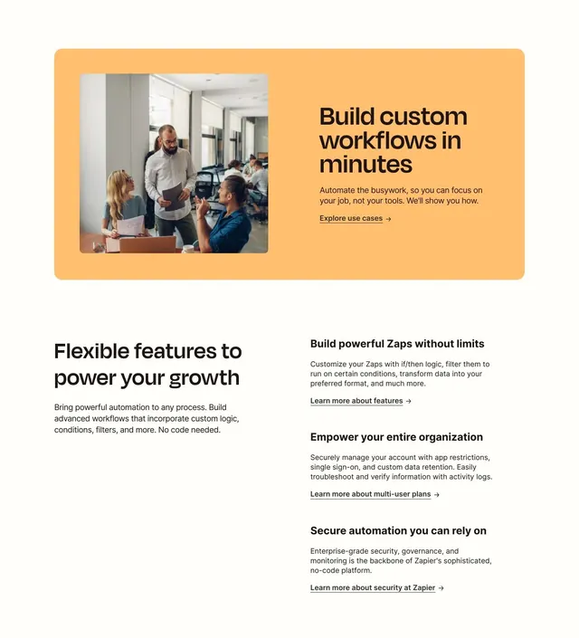 Zapier product page features CTA, minimal, light-mode, light