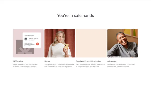 Zazu four-column trust benefits grid, minimal, light-mode, light