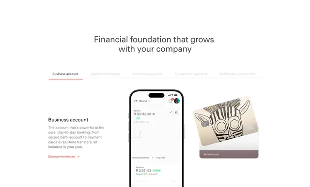 Zazu tabbed features with phone and card, minimal, light-mode, light