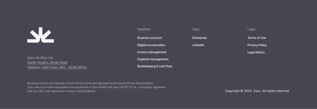 Zazu dark multi-column footer, minimal, dark-mode, dark