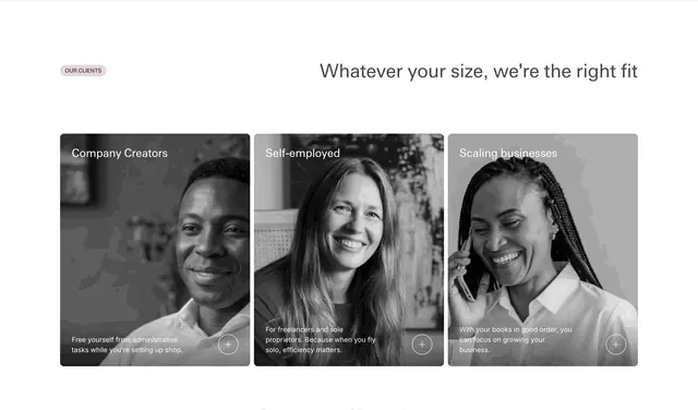 Zazu client segment portrait cards, minimal, light-mode, light