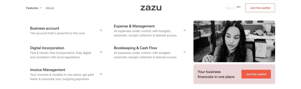 Zazu features mega menu navbar, minimal, light-mode, light