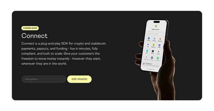 Zerohash Connect coming soon CTA, minimal, dark-mode, dark