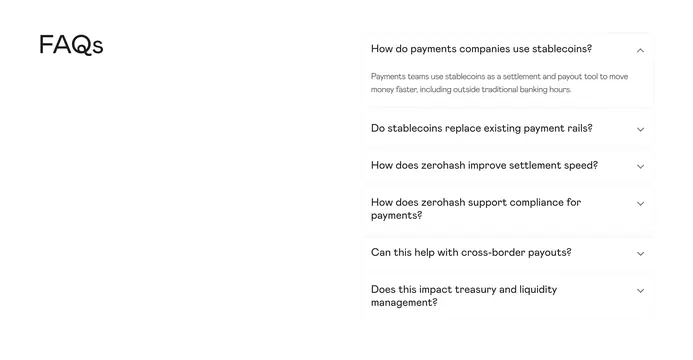 Zerohash split FAQ accordion, minimal, light-mode, light