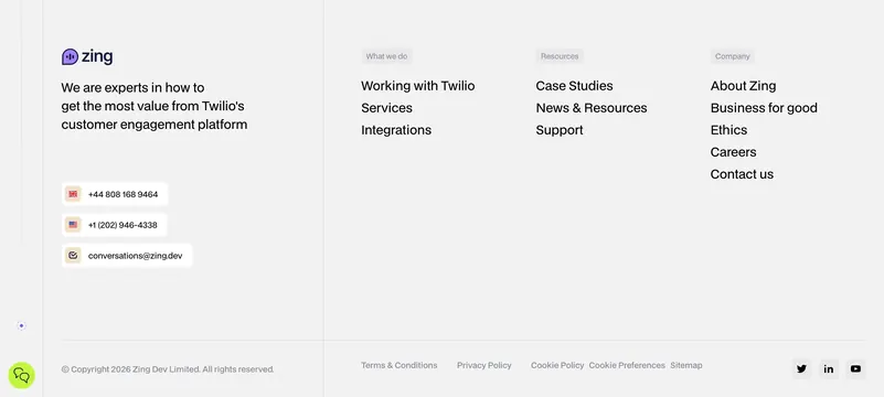 Zing corporate links footer, minimal, light-mode, light