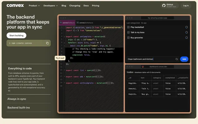 Convex, dark-mode, code-centric