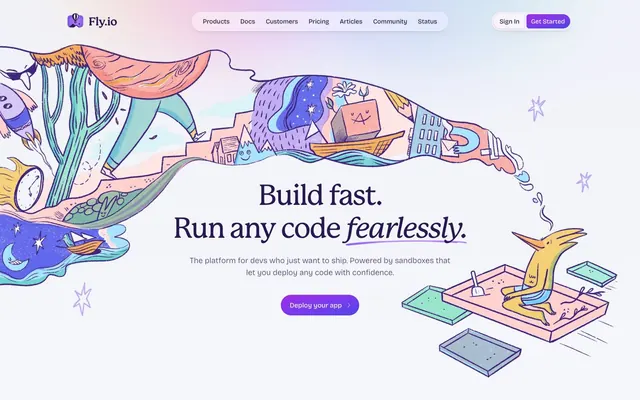 Fly.io, playful-illustrations, light-theme