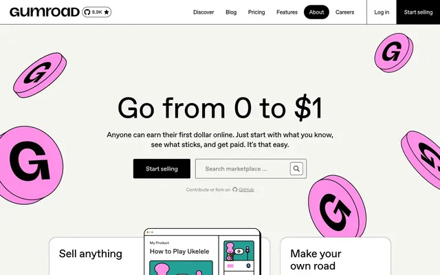 Gumroad, high-contrast, minimalist