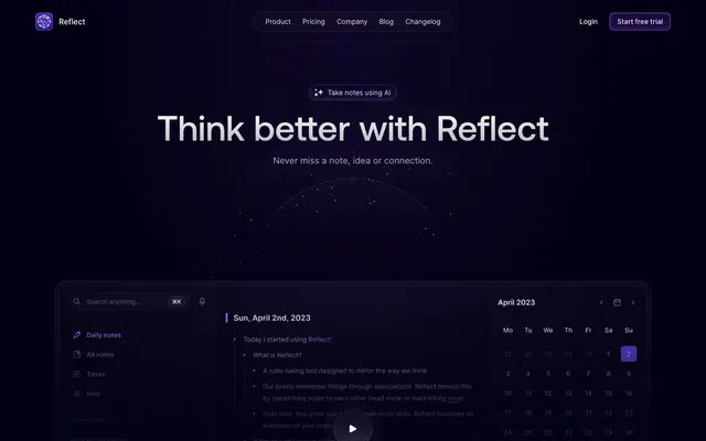 Reflect Notes, dark-mode, minimalist