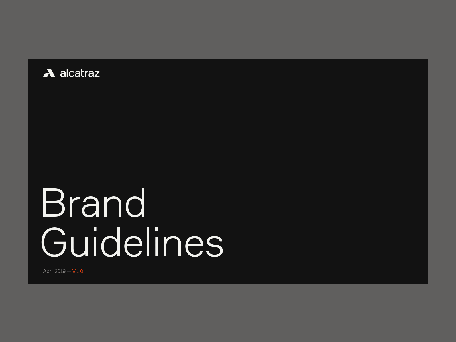 Alcatraz brand guidelines cover, black with grotesque headline, minimal, corporate-clean, dark