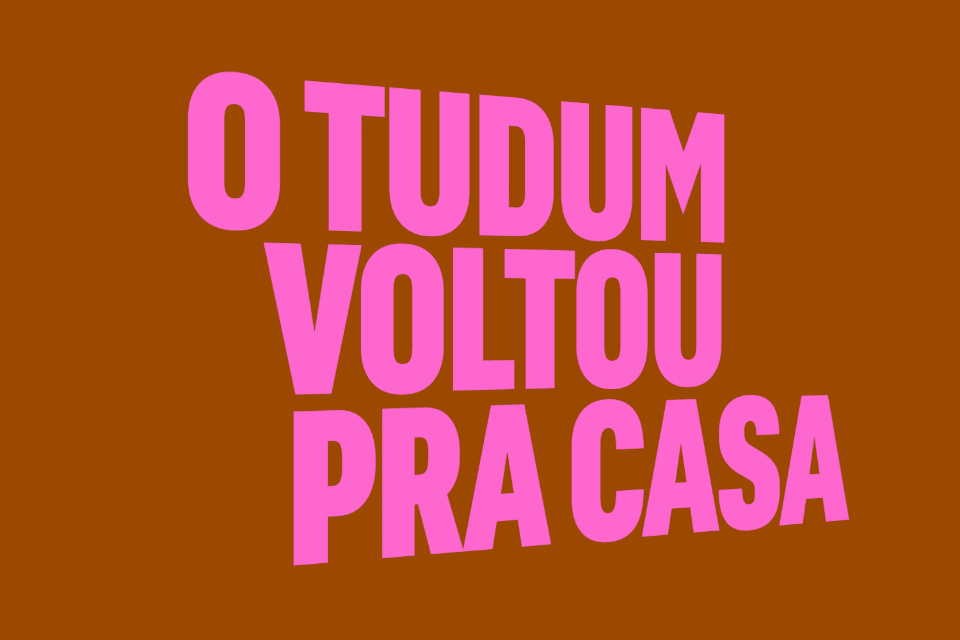 Pink display type on rust brown, minimal, editorial, warm