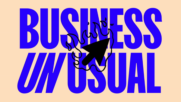 Business Unusual blue-on-beige type lockup, brutalist, geometric, warm