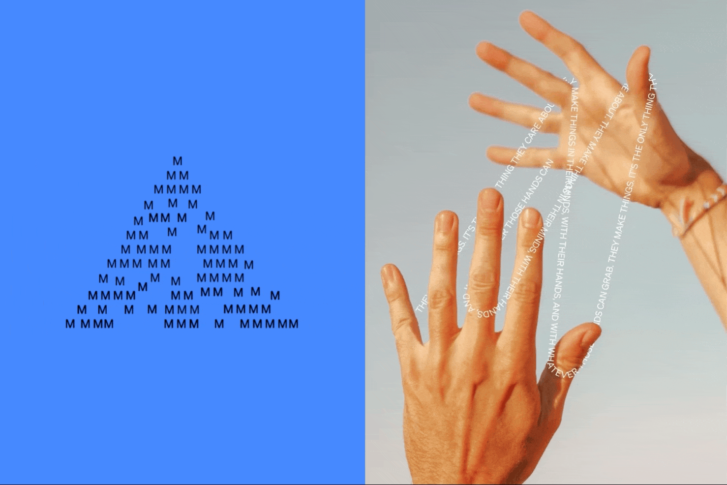 Split-screen hands and scattered M type animation, minimal, editorial, cool