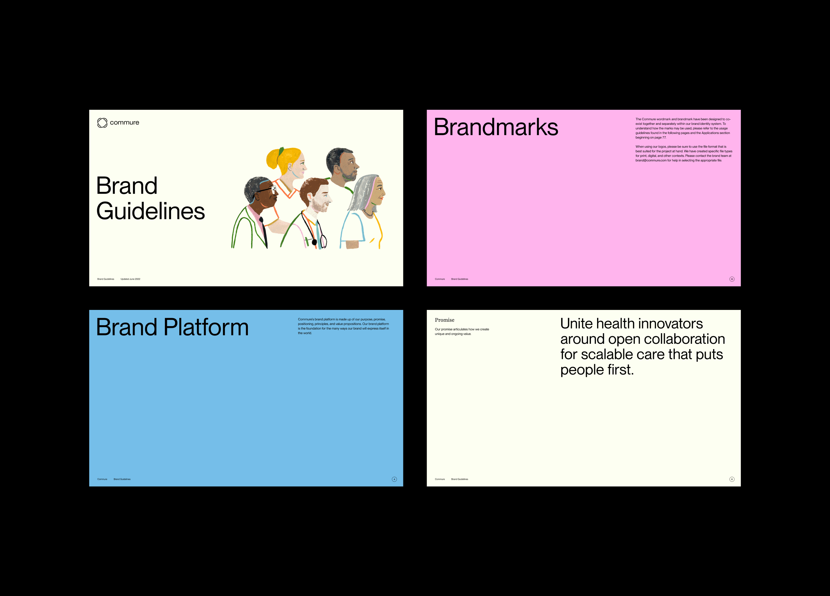 Color-blocked brand guideline pages, flat, corporate-clean, vibrant