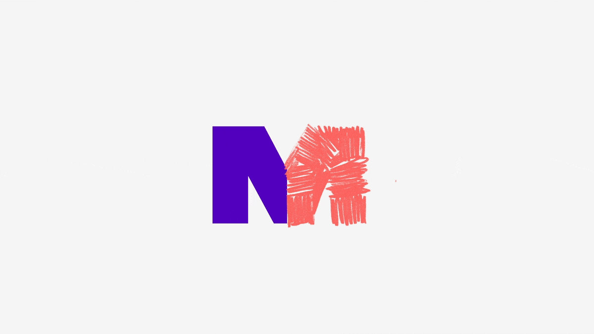 Split letter M: solid purple meets sketched coral, abstract, geometric, light
