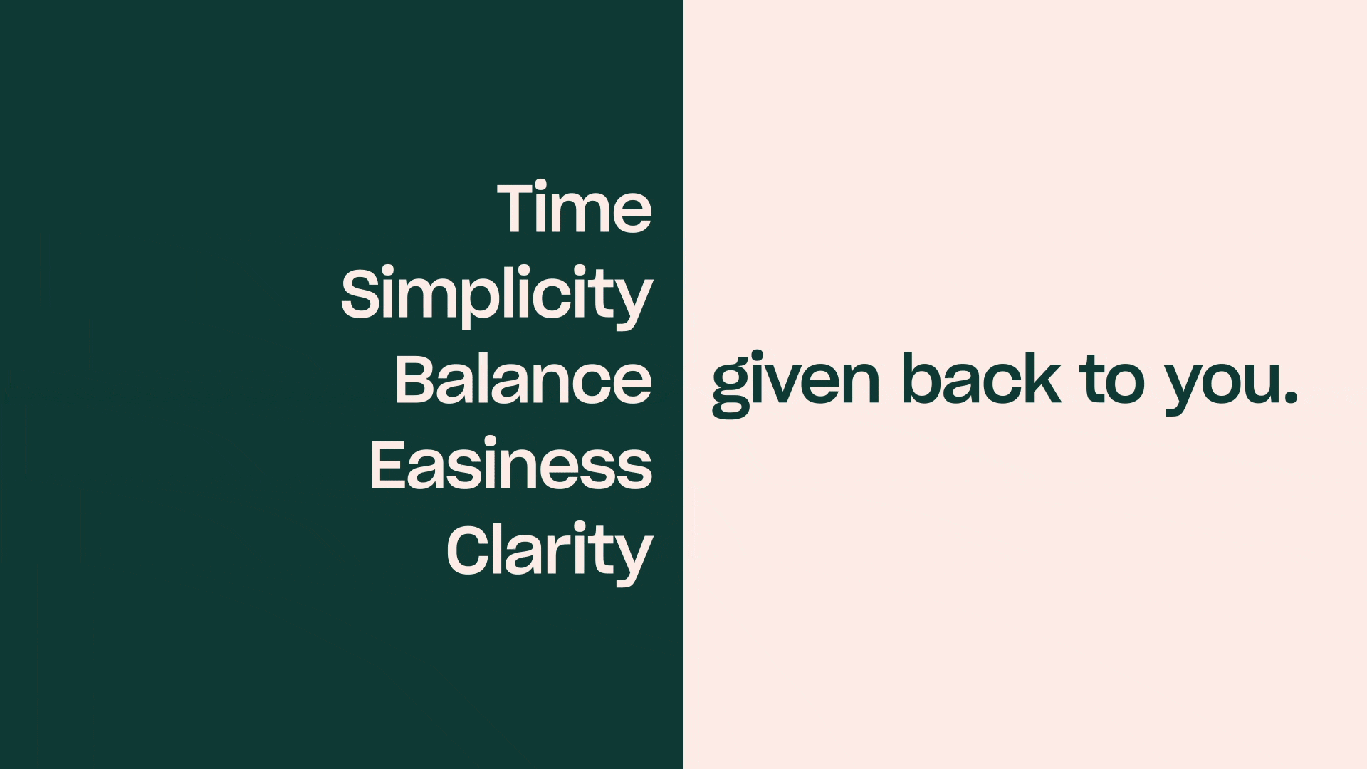 Two-tone green split with stacked benefit words, minimal, corporate-clean, cool
