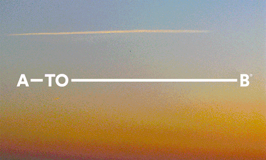 A-to-B line diagram over a grainy sunset gradient, minimal, geometric, gradient